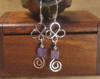 Item #6-31 - Silver Earrings - Hammered Swirl Earrings with Lavender bead