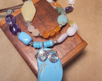 Item #14-6- Leather Necklace - Mixed Stone And Turquoise (MM) Pendant