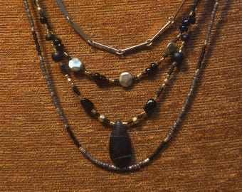 Item #12-5 -Beaded Necklace - Black Striped Agate Teardrop Set