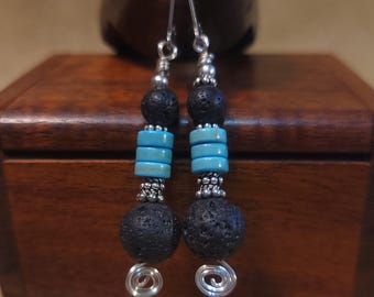 Item #6-1 - Sterling Silver Earrings - Turquoise(MM) and Lava Bead
