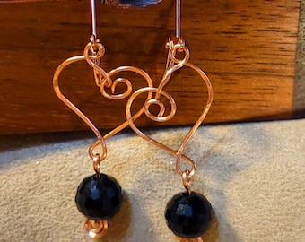Item #4-16 - Copper Earrings -  HEART with BLACK CRYSTAL
