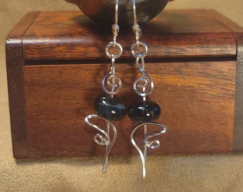 Item #6-2 - Silver Earrings - Hammered Swirl Earrings with Black tiger eye
