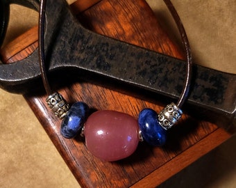 Item #9-41 - Leather Necklace - Pink and Blue Sodalite
