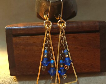 Item #5-33 - Gold Earrings -  Blue Swarovski Crystals