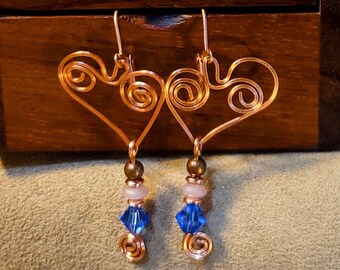 Item #4-14 - Copper Earrings -  HEART with BLUE CRYSTAL