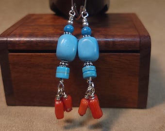 Item #6-2 - Sterling Silver Earrings - Turquoise(MM) and Coral Bead
