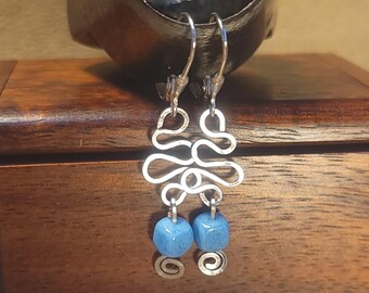Item #6-27 - Silver Earrings - Hammered Swirl Earrings with Blue Square Bead