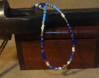 Item #12-21 -Beaded Necklace - Light Blue, Dark Blue, White and Gold Strand
