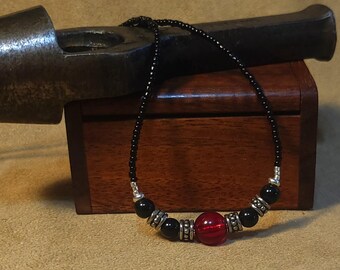 Item #12-32 -Beaded Necklace - Red, Silver and Black Strand