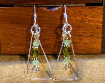 Item #6-17 - Silver Earrings - Hammered Silver Earrings with Green Swarovski Crystals