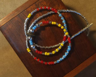 Item #12-17 -Beaded Necklace - Light Blue, Yellow, Red and Silver Strand