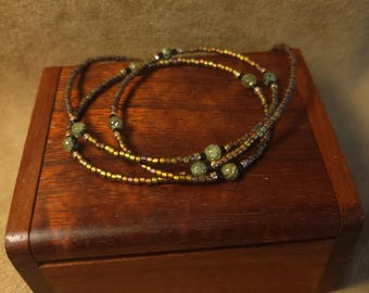 Item #12-6 -Beaded Necklace - Bronze, Black and Green Bead