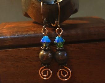 Item #4-25 - Copper Earrings - BLUE SWAROVSKI DANGLE