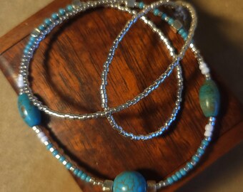 Item #12-25 -Beaded Necklace - Turquoise Blue, White and Silver Strand