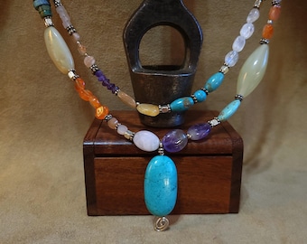 Item #14-3- Leather Necklace - Mixed Stone And Turquoise (MM) Pendant