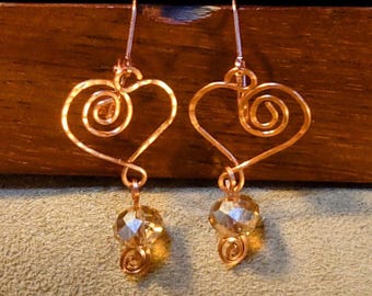 Item #4-15 - Copper Earrings -  HEART with AMBER CRYSTAL