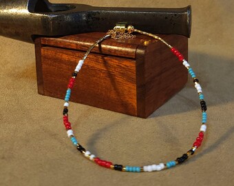 Item #13-5 - Anklet - Red, Blue, Black, White and Gold Delica bead