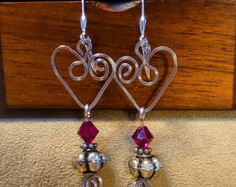 Item #6-6 - Silver Earrings - Hammered Heart Earrings with Red Swarovski Crystals