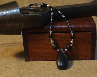 Item #12-31 -Beaded Necklace - Black Striped Quartz Teardrop, Black and Silver Strand