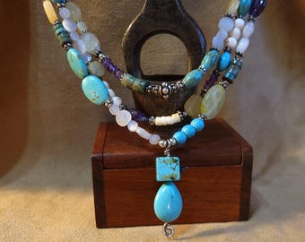 Item #14-5 - Leather Necklace - Mixed Stone And Turquoise (MM) Pendant