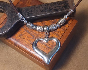 Item #9-31- Leather Necklace - Silver Heart Pendant
