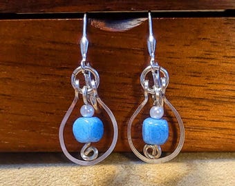 Item #6-20 - Silver Earrings - Hammered Silver Earrings with Light Blue Cube Beads