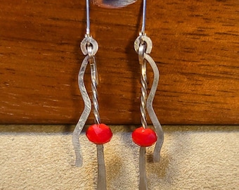 Item #6-14 - Silver Earrings - Hammered Twisted Silver Earrings with Red Crystals