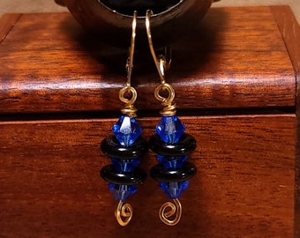 Item #5-60 - Gold Filled Earrings - Black bead with Blue Swarovski Crystal
