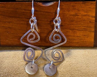Item #6-22 - Silver Earrings - Hammered Swirl Earrings with black Lip Shell Dangle