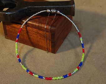 Item #13-7 - Anklet - Red, Green, Blue and Silver Delica bead
