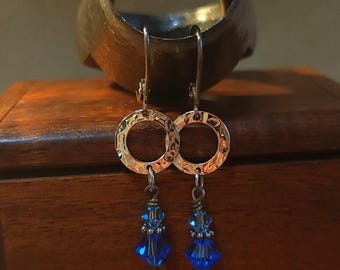 Item #6-2 - Sterling Silver Earrings - Blue Swarovski Crystal Dangles