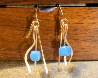 Item #5-16 - Gold Earrings - Light Blue Cubes