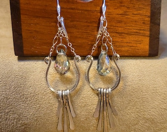 Item #6-4 - Silver Earrings - Hammered Silver Earrings with Teardrop Crystals