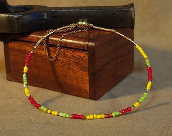 Item #13-4 - Anklet - Red, Green, Yellow, White and Gold Delica bead