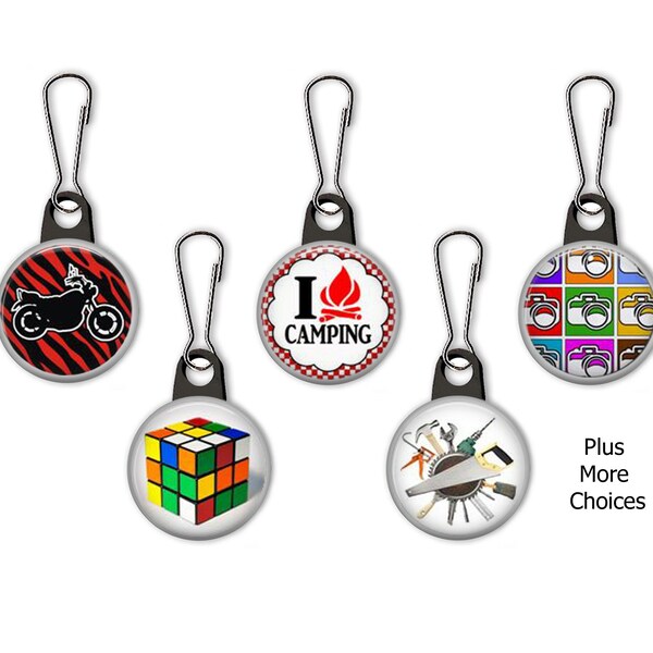 Motorcycles, Camping, Cabin, Painting, Photography, Rubik Cube, Carpentry Tools Zipper Pull Charms - 395