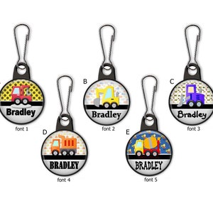 Boys Construction Trucks-Dump-Cement-Crane Trucks Personalized Zipper Pull Charms - No. 753