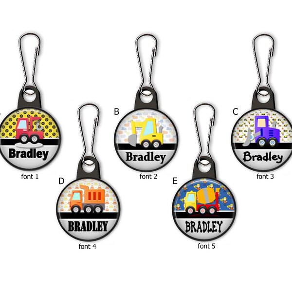 Boys Construction Trucks-Dump-Cement-Crane Trucks Personalized Zipper Pull Charms - No. 753