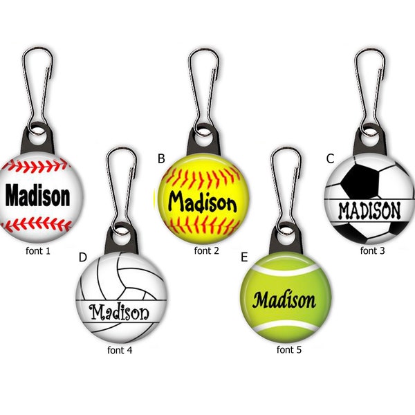 Sports Balls Personalized Zipper Pull Charms - Baseball, Softball, Soccer, Volleyball, Tennis Ball - No. 771