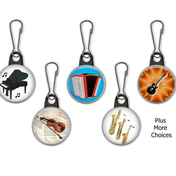 Musical Instruments, Piano, Guitar, Banjo, Violin, Cello, Harp, Flute, Sax, French Horn, Trumpet, Drums Zipper Pull Charms - 380