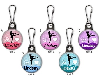 Dance, Love, Peace Personalized Rainbow Colors Zipper Pull Charms - No. 715