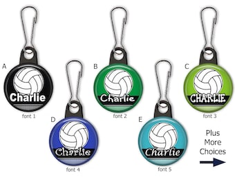 Volleyball Personalized Zipper Pull Charms with colorful backgrounds - Sports ball with name and optional sports number -  No. 775