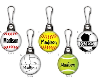 Sports Balls Personalized Zipper Pull Charms - Baseball, Softball, Soccer, Volleyball, Tennis Ball - No. 771