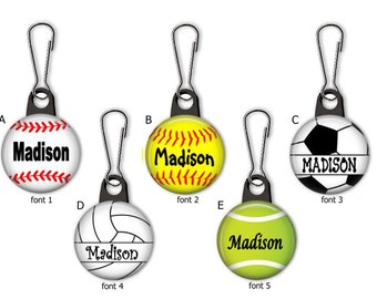 Sports Balls Personalized Zipper Pull Charms - Baseball, Softball, Soccer, Volleyball, Tennis Ball - No. 771