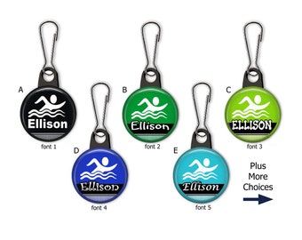 Swimmer Silhouette Personalized Zipper Pull Charms with colorful backgrounds - Swim Team Gear Backpack ID Tag - Pool Bag ID Tag - No. 778