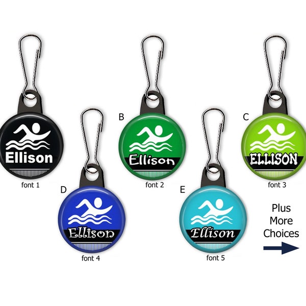 Swimmer Silhouette Personalized Zipper Pull Charms with colorful backgrounds - Swim Team Gear Backpack ID Tag - Pool Bag ID Tag - No. 778
