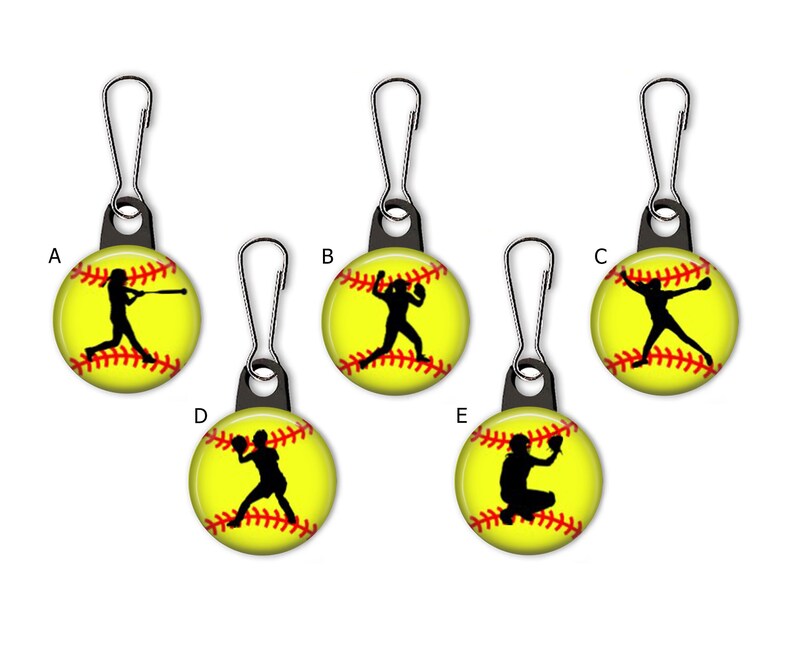 Softball Silhouette Positions Batter, Throwing, Pitcher, Outfield, Catcher Zipper Pull Charms No. 313 image 1