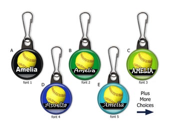 Softball Personalized Zipper Pull Charms with colorful backgrounds - Sports ball with name or Team Name - Bag ID Tag - No. 780