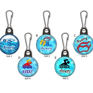 Swimming Personalized Zipper Pull Charms with Name-Swim Team ID Tags for Gear Bag - Backpack - Swim Gear- Pool  Bag ID Tag Bag- No. 776