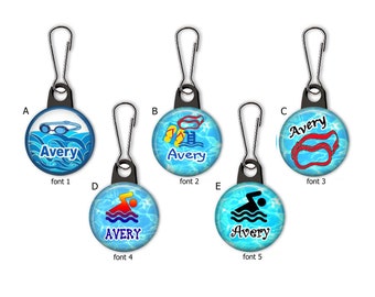 Swimming Personalized Zipper Pull Charms with Name-Swim Team ID Tags for Gear Bag - Backpack - Swim Gear- Pool  Bag ID Tag Bag- No. 776