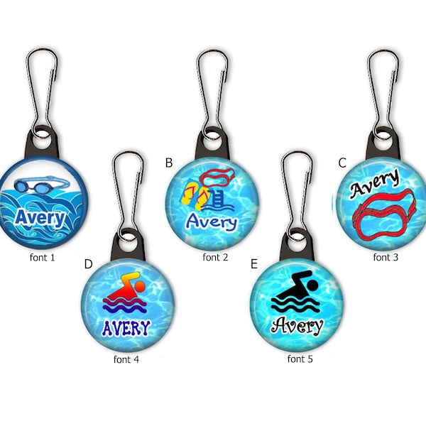 Swimming Personalized Zipper Pull Charms with Name-Swim Team ID Tags for Gear Bag - Backpack - Swim Gear- Pool  Bag ID Tag Bag- No. 776